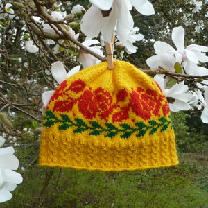 Beanie hat handknit yellow with red roses and green leaves,handmade unisex spring/fall/winter beanie,knit spring fashion accessories