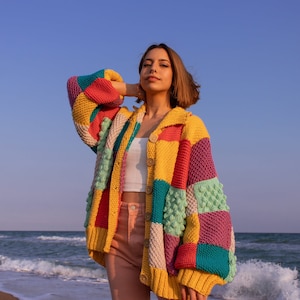 Hand Knit Patchwork Cardigan, Colour Block Patchwork Cardigan,  Multicolor Jacket, Oversized Sweater, Chunky Colorful Cardigan, Gift for Her