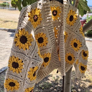 Handmade Crochet Sunflower Cardigan - Boho Floral Sweater, Eco-Friendly Cotton, Cozy Spring Festival Fashion