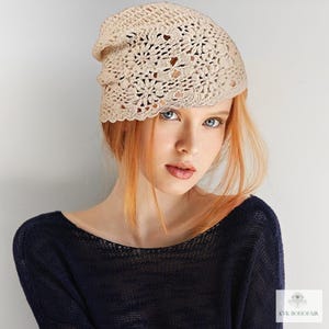 Handmade Feminine Flower Slouchy Beanie Hat, Lightweight Crocheted Skull Cap, Chemo Cap,  Women's Floral Beanie