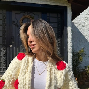 Handmade Strawberry Chunky Knit Cardigan – Puffy Cottagecore Sweater, Kawaii Fruit Jacket, Cute Easter Gift