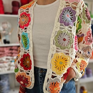 Handmade Colorful Crochet Cardigan with Floral Motifs, Boho Festival Crochet Jacket, S,M,L,Xl Sizes Available, Personalized Vintage Inspired