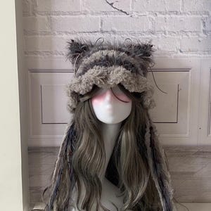 Handmade Cat Ear Beanie with Wavy Brim in Elegant Gray Blue - Cozy Winter Accessory for Women - Unique Hand Knitted Hat with Stylish Design