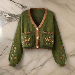 Fox Embroidered Autumn Crop Cardigan Knit Cardigan