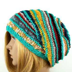 Beanie Linen Cotton Hand knitted Striped Long Oversize Slouchy Unisex Hat Cap Boho Hippie Beanie Colorful Multicolor Knit Hat